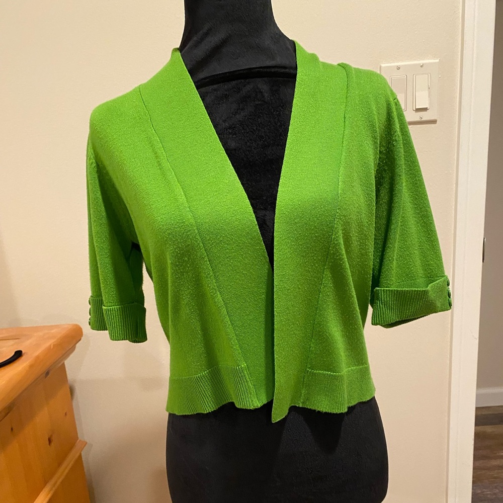 89th & Madison Green Cardigan Sweater Open Front Elbow-Length